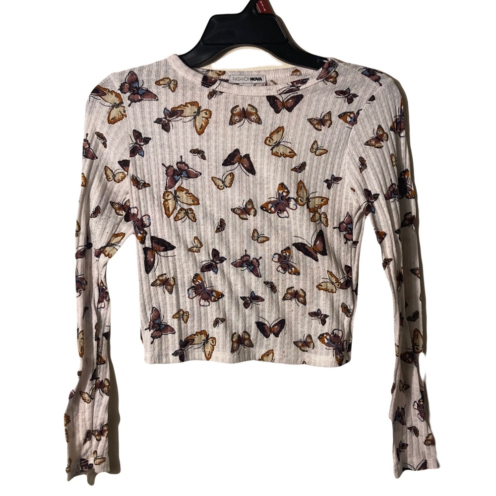Fashion Nova Butterfly White Printed Long Sleeve Top Small - Picture 2 of 5